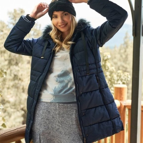 Jackets & Blazers - Navy Long Vegan Fur Hood Winter puffer Jacket